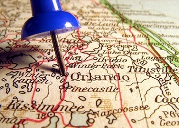 Map of Orlando, Florida with a blue pinned on it