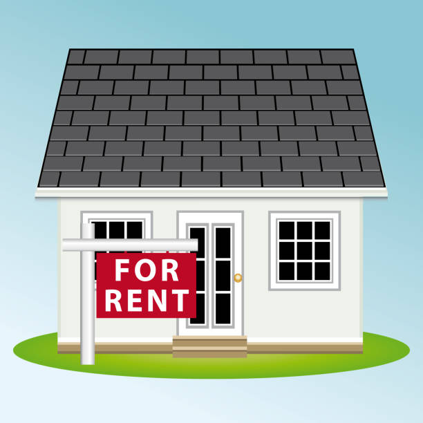 Graphic of a small white house that has a red "for rent" sign out front.