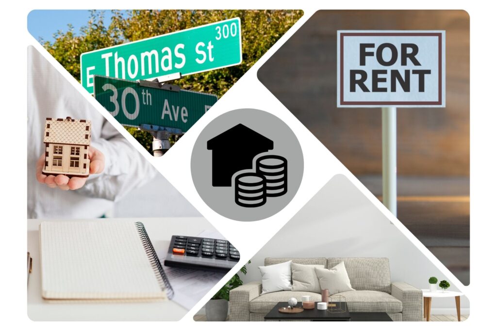 Collage featuring images of a neighborhood street sign, a renovated property, a for rent sign, and a calculator on all four corners and a graphic of a house with coins, representing factors in determining Central Florida rental rates.